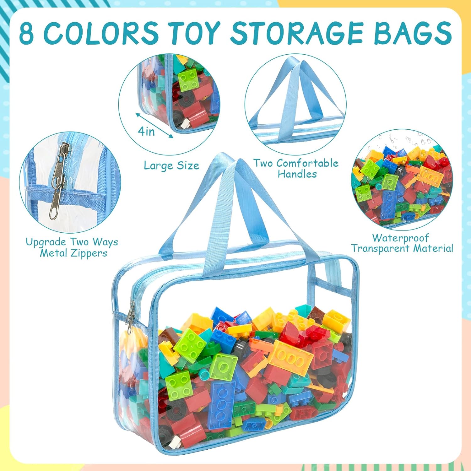 8 Packs 8 Colors Large Toy Storage Bags with Zipper and Labels, Clear PVC Waterproof Toy Organizers Bags for Board Games, Puzzles Pieces, Building Blocks, Handmade Accessories, Kid Books - Image 2