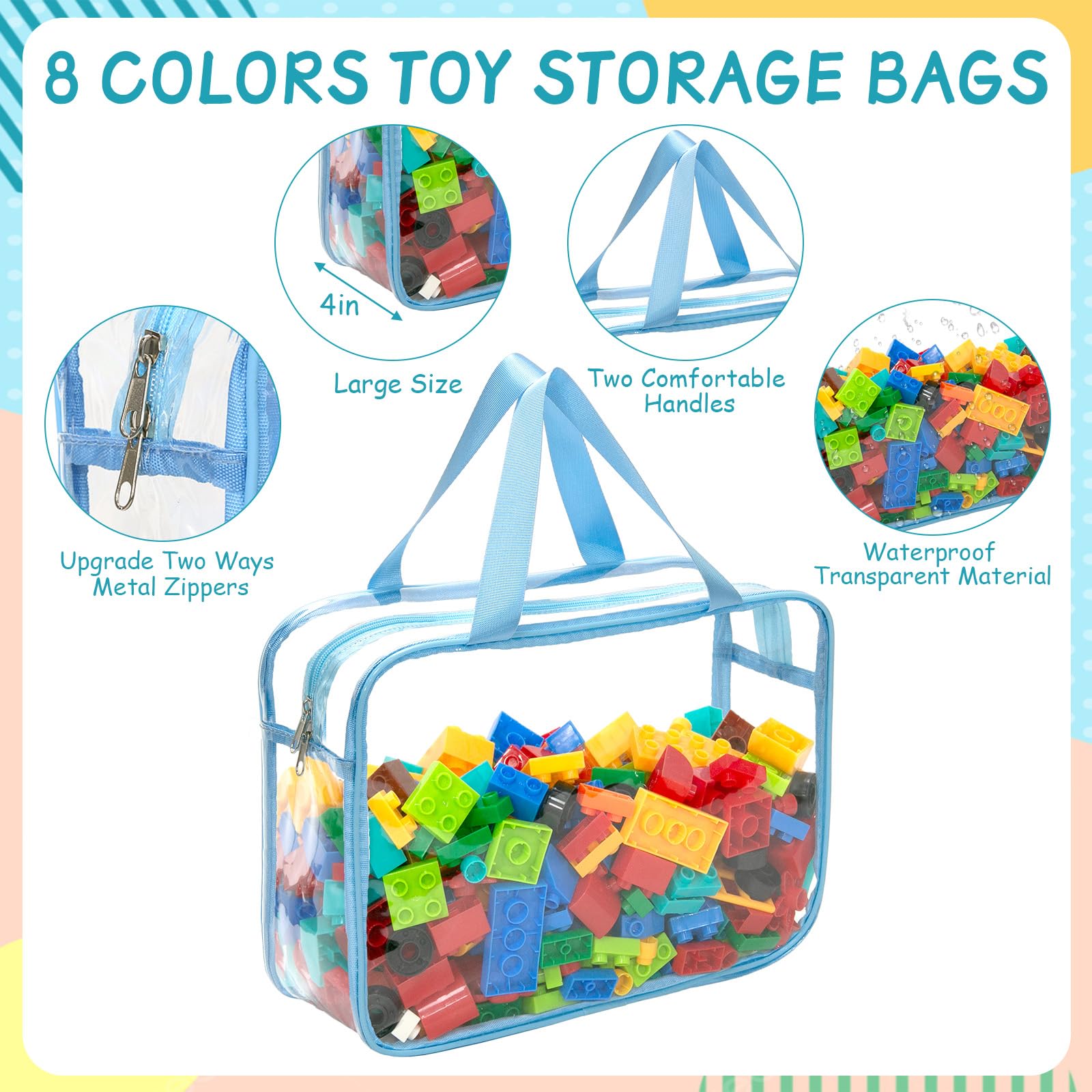 8 Packs 8 Colors Large Toy Storage Bags with Zipper and Labels, Clear PVC Waterproof Toy Organizers Bags for Board Games, Puzzles Pieces, Building Blocks, Handmade Accessories, Kid Books