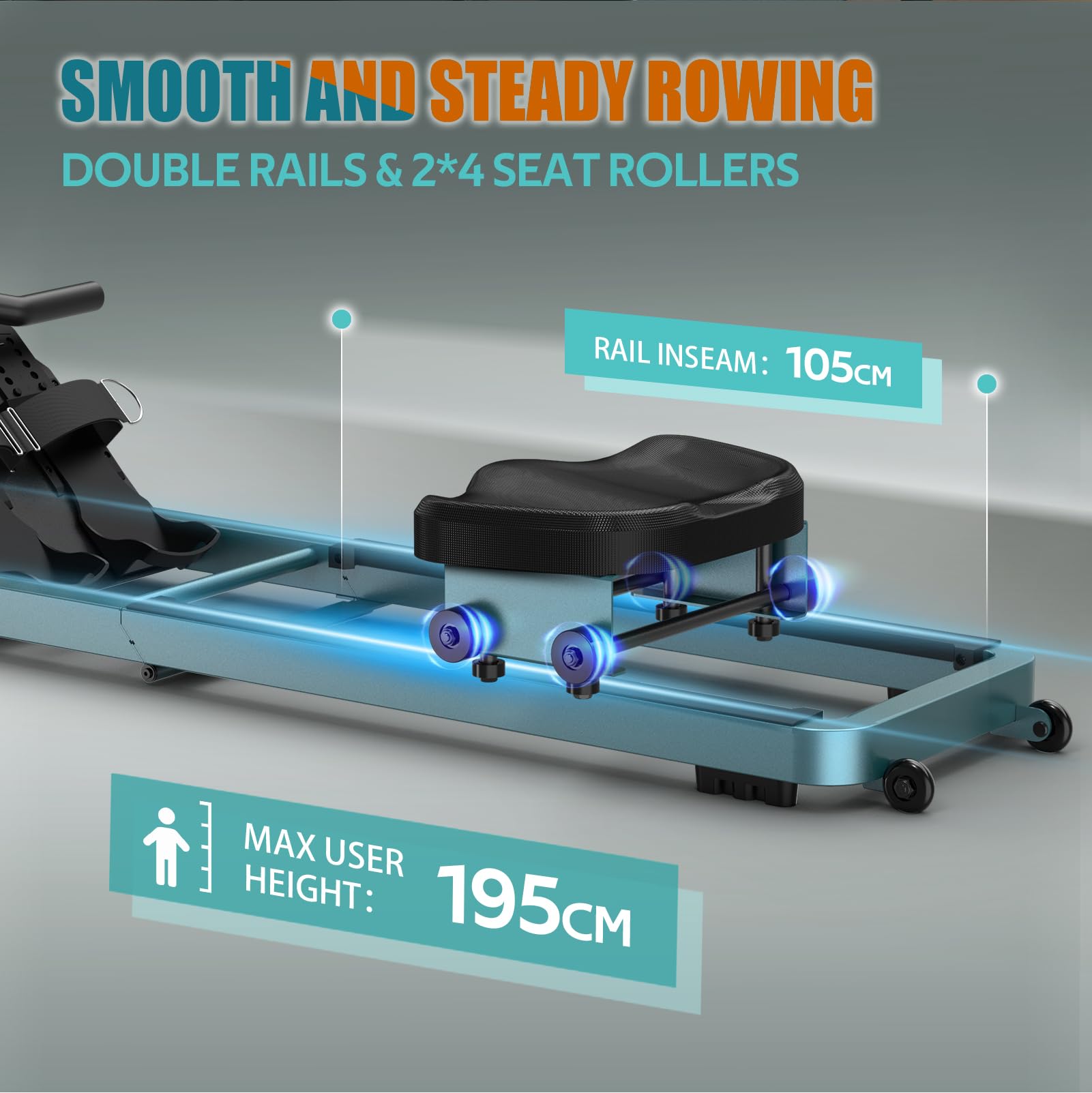 Diagram showing the Vowvit V-W2 Water Rower's double rails and seat rollers, with measurements for rail inseam (105cm) and max user height (195cm).