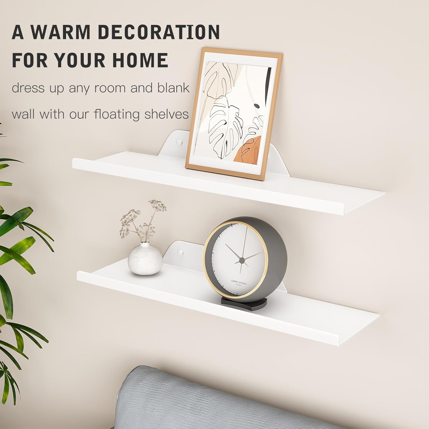 Floating Shelves for Wall, Off Center Metal Shelves for Living Room, White Floating Shelves for Wall Decor, 16” Hanging Shelves for Bedroom Bathroom Kitchen Plants(2 PCS)