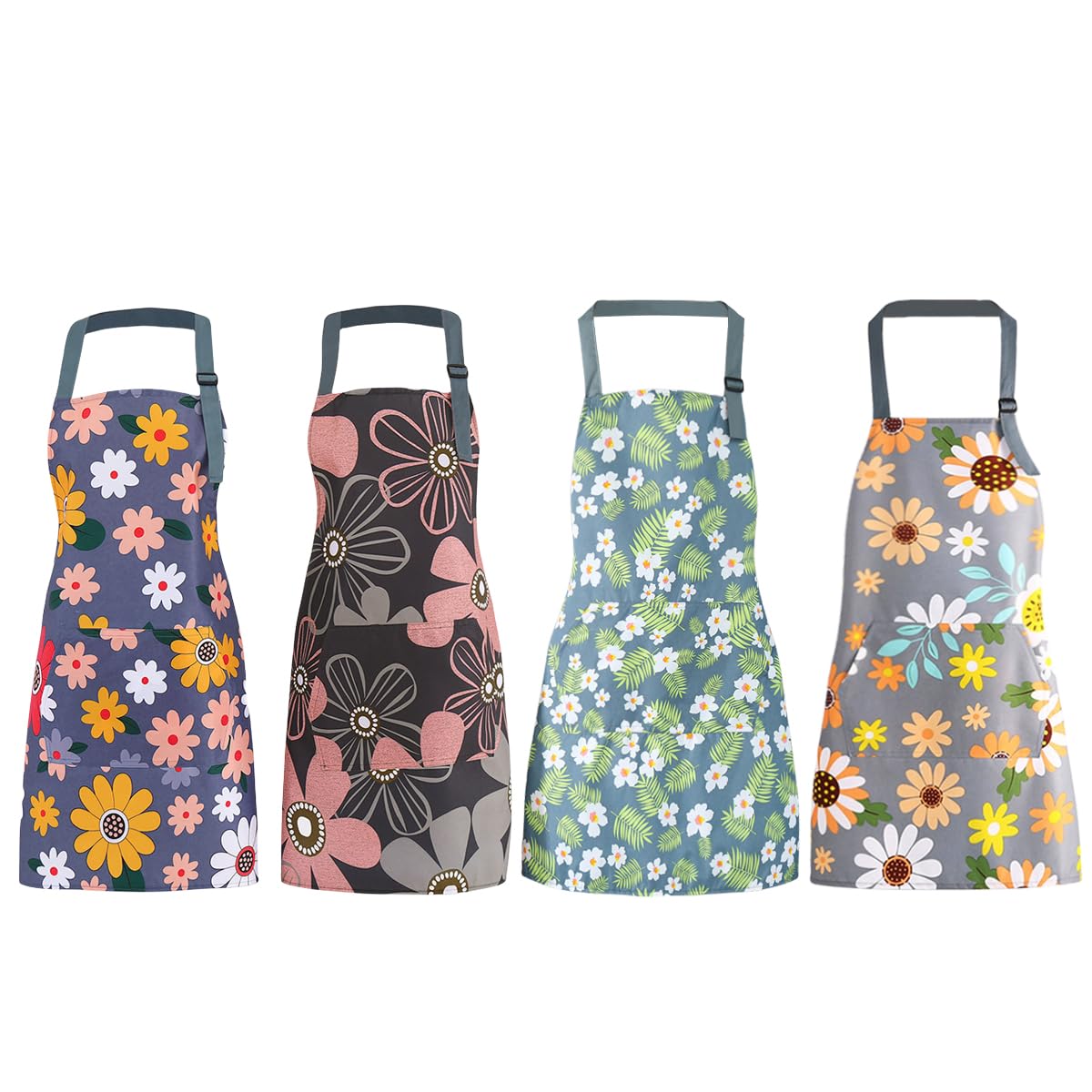 VicBou 4 PCS Aprons for Women, Aprons for Cooking, Kitchen Aprons for Women Waterproof Cooking Apron with Pockets Adjustable Neck Bib Apron Floral Chef Aprons for Cooking Baking Gardening