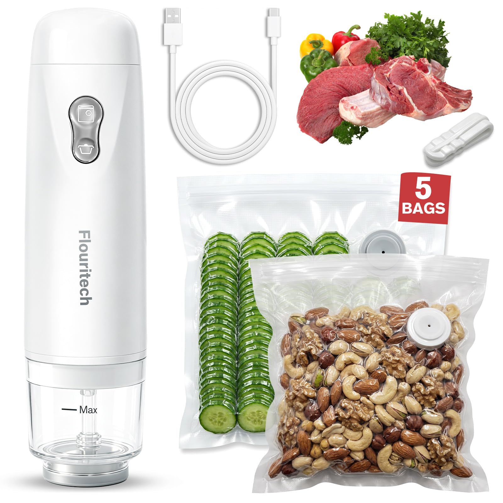 Compact Vacuum sealer machine with 5 Vacuum sealer bags and clips for food