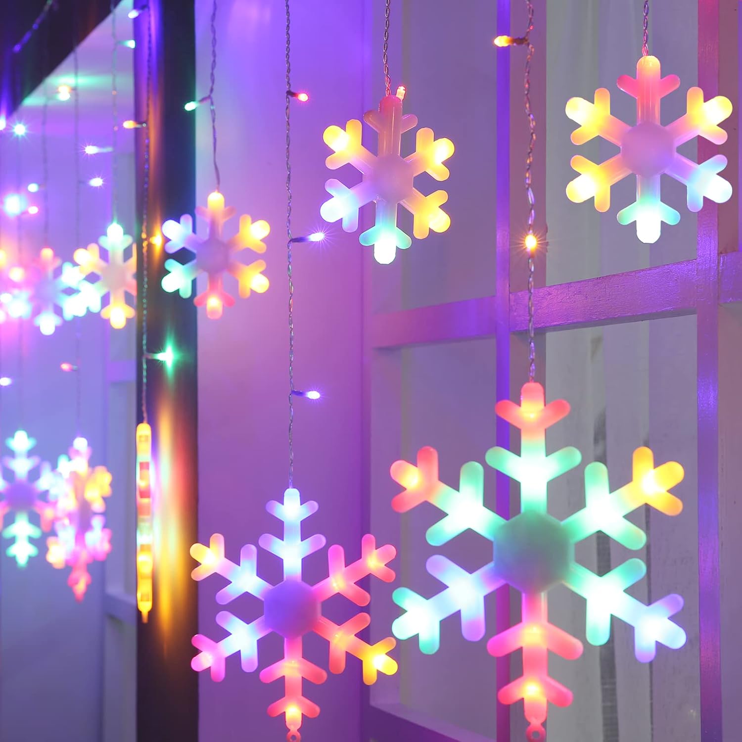 Christmas Snowflake Lights, 10.66ft 168 LED Icicle Lights Outdoor with 14 Drops, 8 Modes Waterproof Connectable Christmas Light for Eaves, Wedding, Garden, Yard, Indoor Outdoor Xmas Decor (Multicolor)