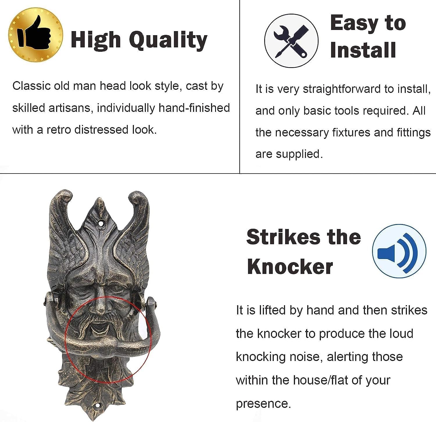 Door Knocker, Door Knocker Large Front Door Knockers, Heavy Duty Casting Iron Doorknocker with Old Man Shaped Finish, Unique Gate Ring Metal Handle Easy to Knocking