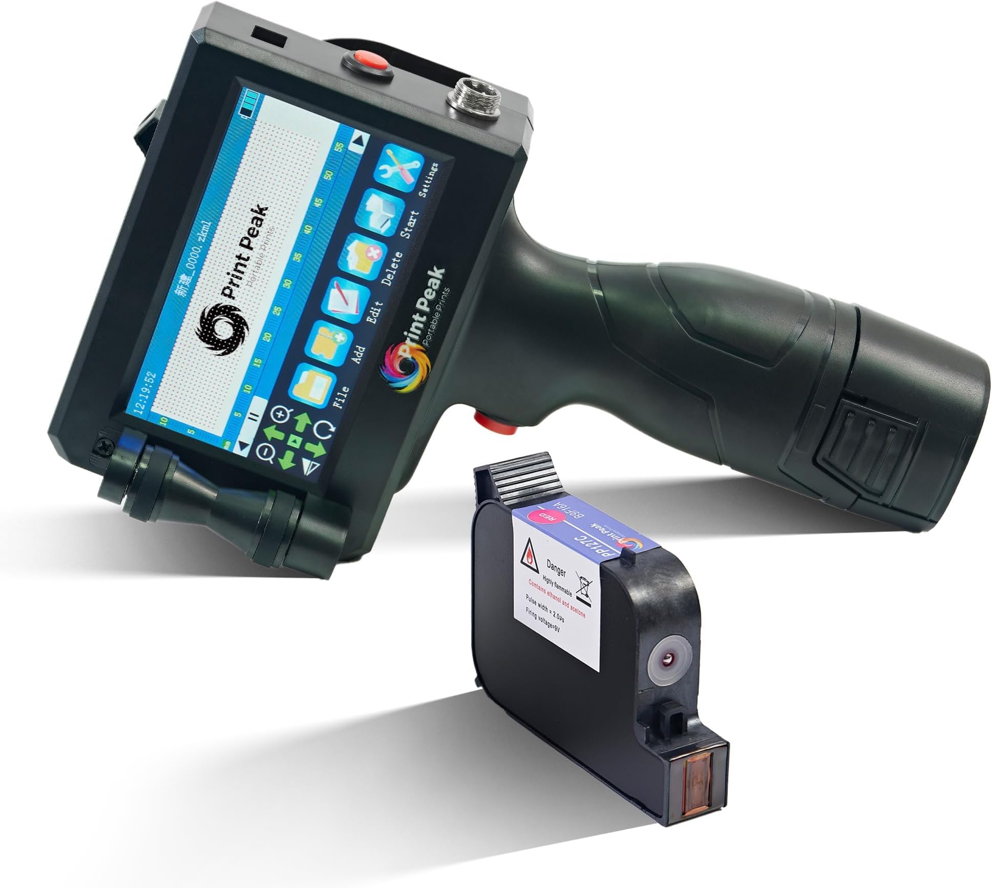 PrintPeak Handheld Inkjet Printer Gun & Black Ink Cartridge for Any Surface (1-inch/25.4mm Print Height), Water Resistant, Quick Dry Ink for Barcodes, Logos, Text & Images
