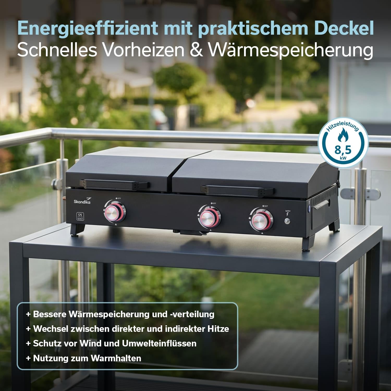 Skandika Plancha Grill Eldur 3-Brenner Plus | Grillplatte mit Deckel, 3 Brenner, tragbarer Gasgrill mit Kochplatte, Outdoor, Camping | Gasplancha, Grillplancha, Gasbräter, Balkongrill, Tischgrill