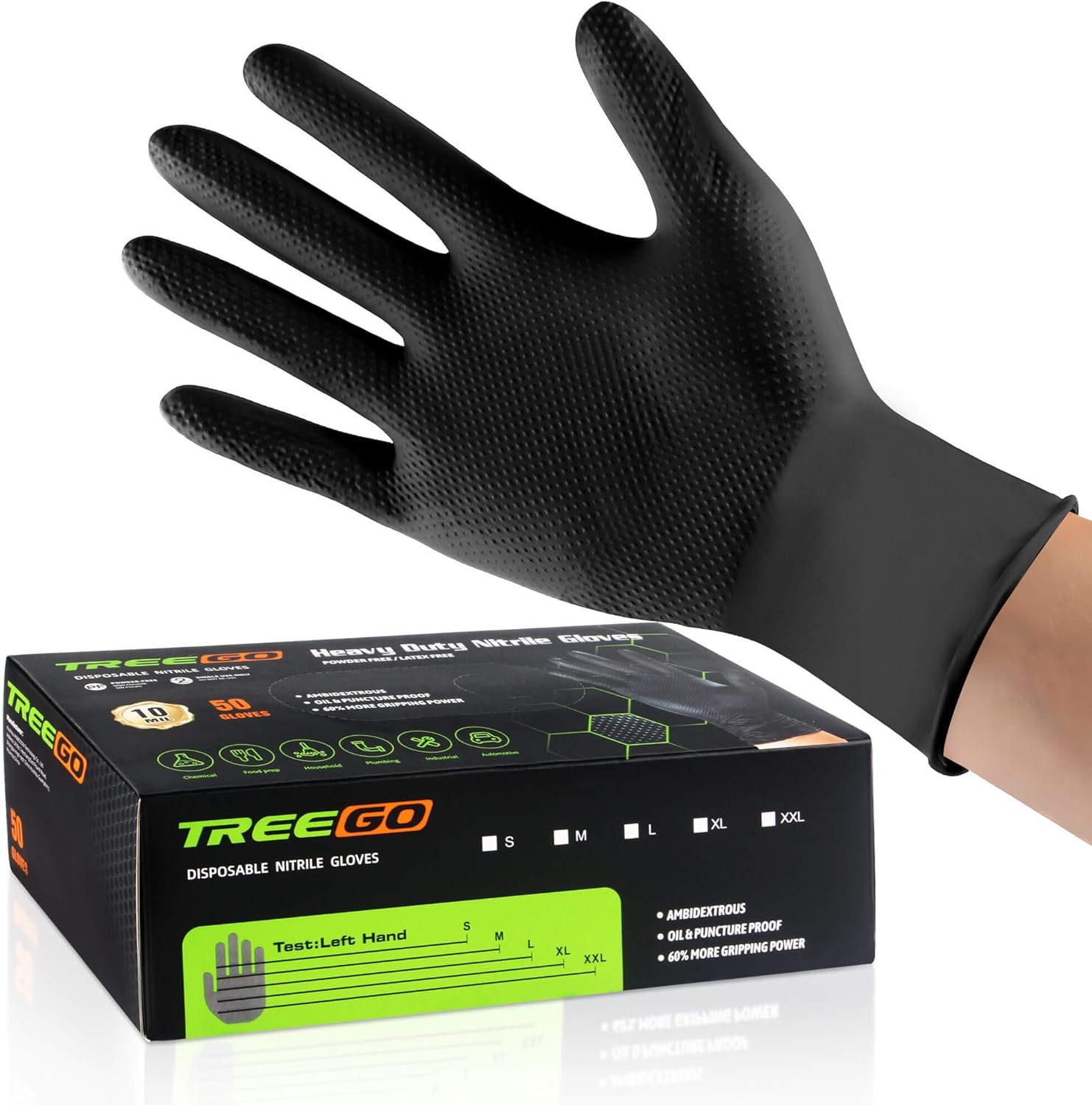 TREEGO 10 Mil Black Nitrile Gloves Heavy Duty — Diamond Texture Grip, Latex Free Disposable Mechanic Gloves, X-Large, 50 Count - Image 8