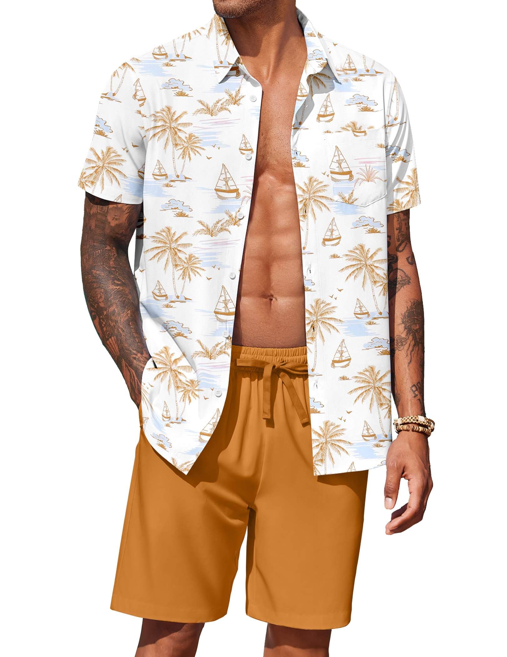 COOFANDY Men's Hawaiian 2 Piece Outfits Floral Button Down Shirt and Shorts Vacation Outfits Summer Beach Matching Set