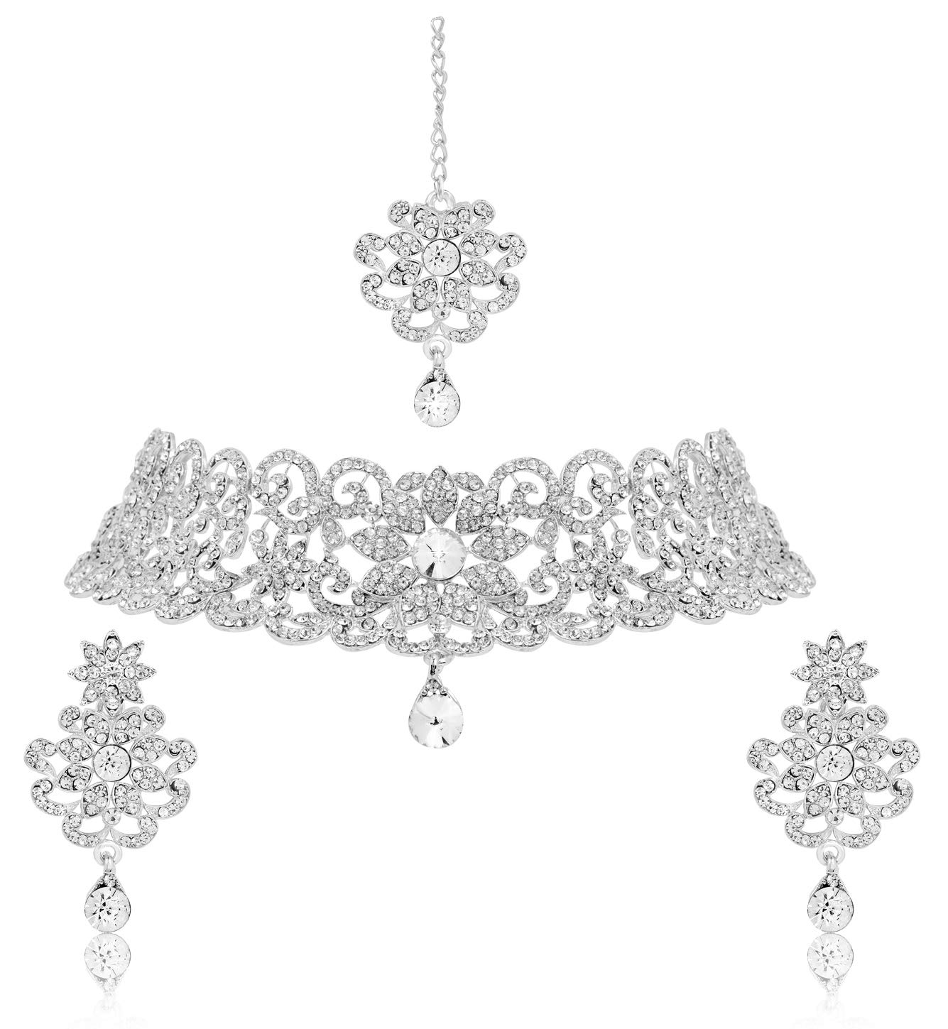 Maayeri Jewels Latest Silver Bling Diamond Choker Jewellery Set With Earrings & Mang Tika For Women (B08R5XPKDD) Amazon Price History, Amazon Price Tracker