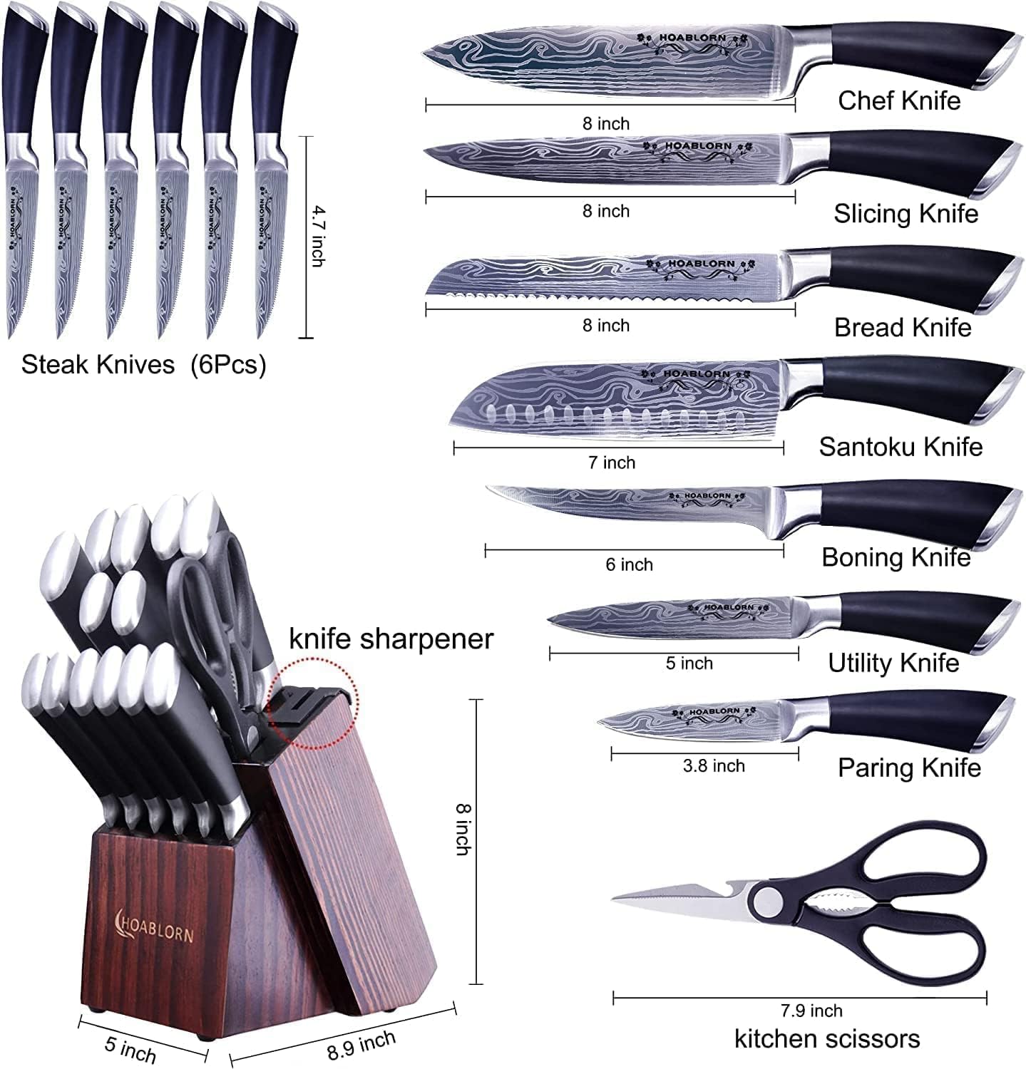 Knife Set for Kitchen Knife Set with Block HOABLORN 15Pcs Professional Stainless Steel Knife Set with Wooden Block for Chefs Family (Damascus Knife Set 15PCS)