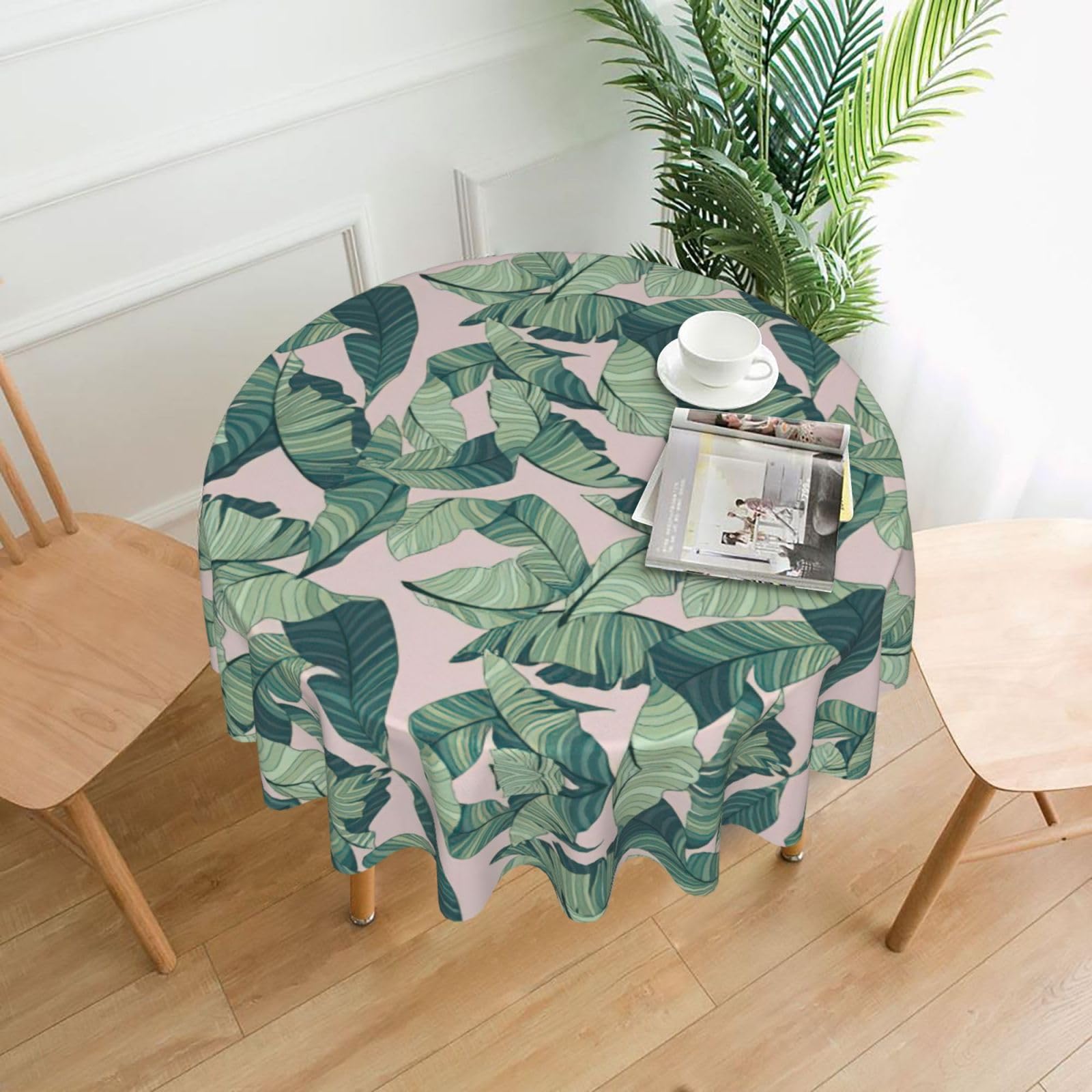 Uusnwaa Green Palm Tree Leaves Pink Print Round Tablecloth 60 Inch, Stain Wrinkle Resistant Washable Polyester Table Cover For Kitchen Party