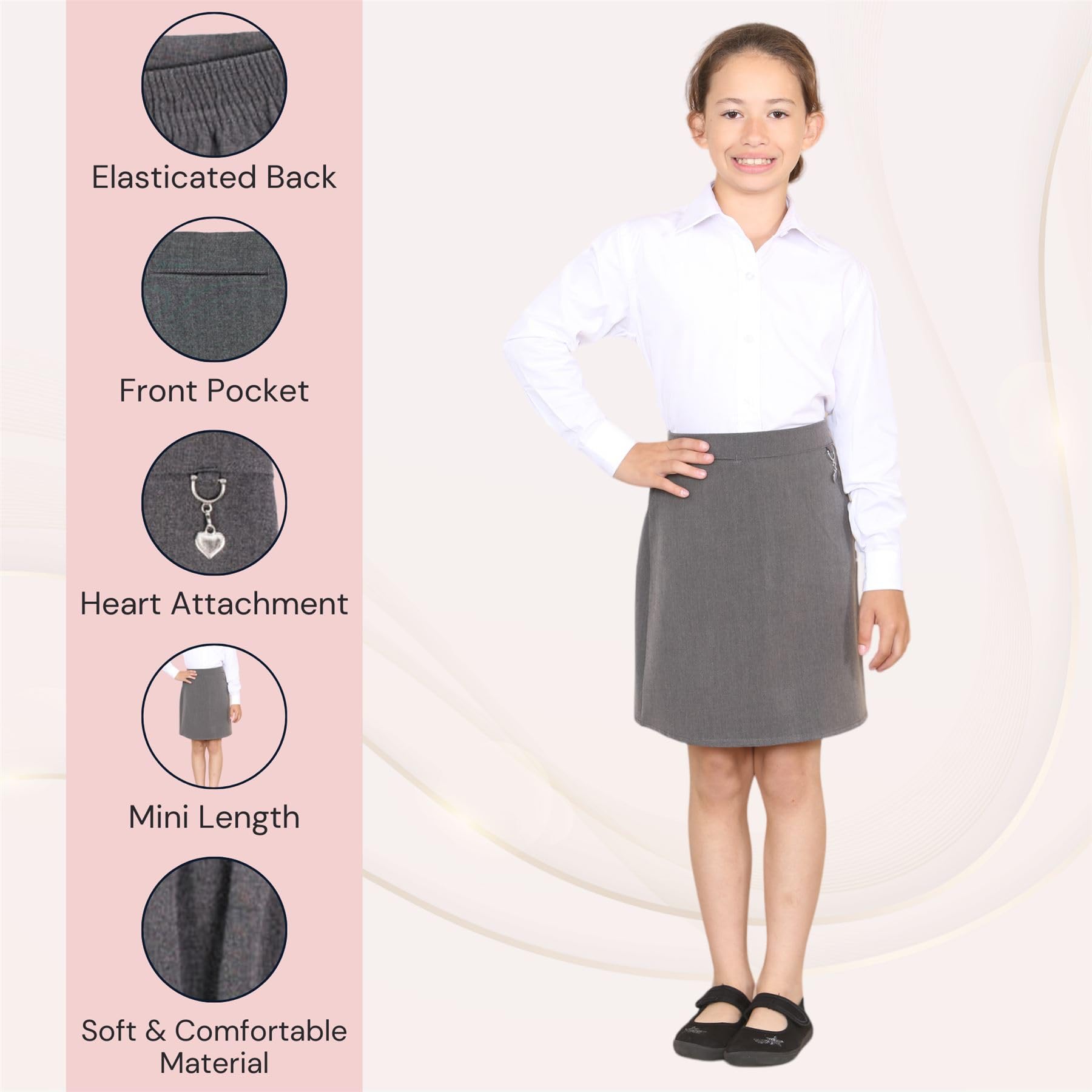 Gonna scolastica per ragazze, tinta unita, elasticizzata sul retro, in lycra con tasca frontale a cuore, comoda gonna estiva per uniforme da ragazza, età 2-16 anni
