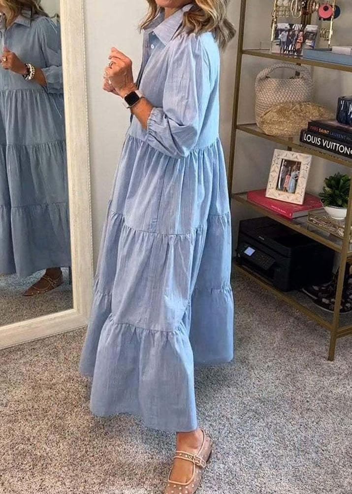 chouyatou Women's Loose Fit Puff Sleeve Maxi Tiered Babydoll Dress V-Neck Cotton Long Button Down Dress - Image 4