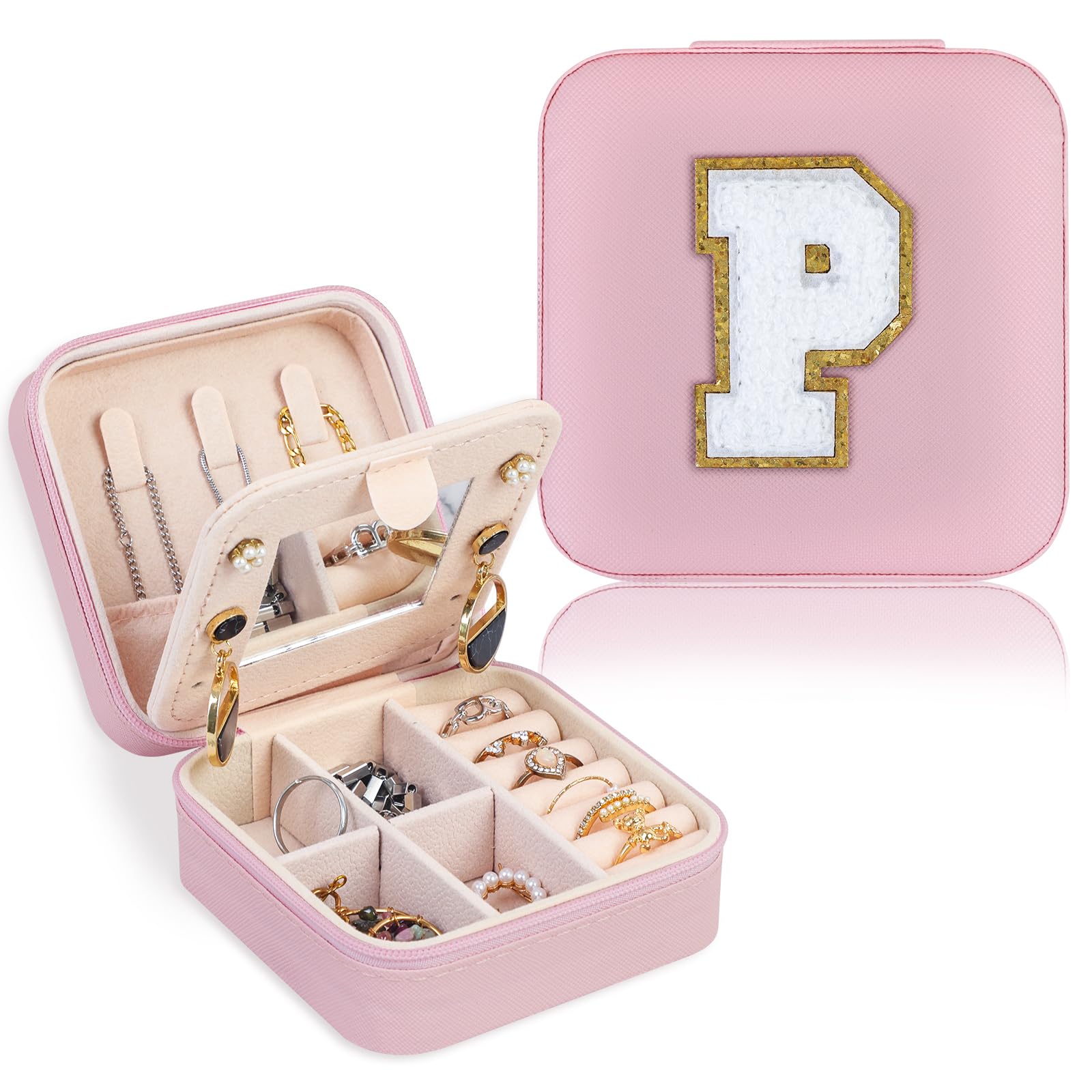 FUNARTY Travel Jewelry Case Organizer, Gifts for Women, Small Jewelry Box Jewelry Organizer, Necklace Organizer Earring Organizer Box with Mirror, Pink Travel Essentials Initial P