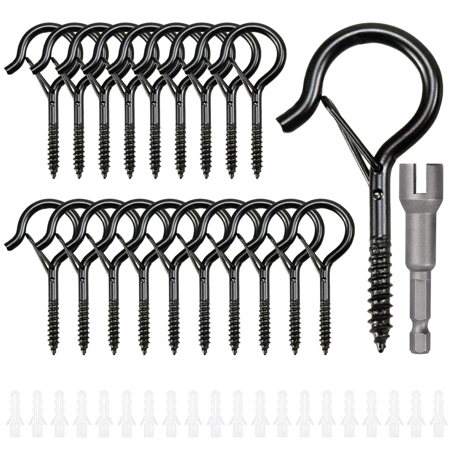 xiluuyou Screw Hooks with Safety Buckle, Screw-in Hooks, Metal Ceiling Screw-in Wall Hooks for Hanging Plants, Cups, Utensils, Lights and for Indoor, Outdoor Use- M4 Black