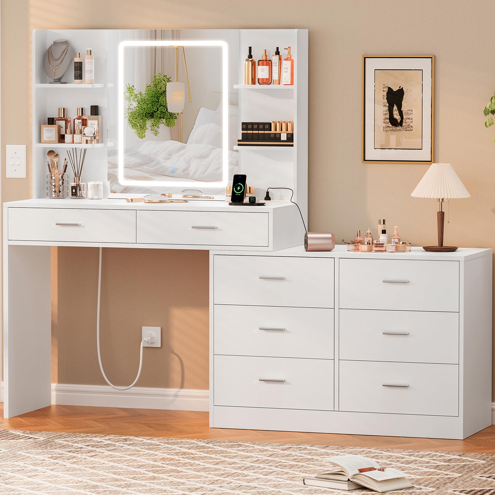 SLINEMO Dressing Table with LED Light Mirror & Power Outlet, 8 Drawers, 6 Storage Shelves, 3 Color Modes & Adjustable Brightness Makeup Vanity, Corner Vanity Desk, L Shape Vanity, White
