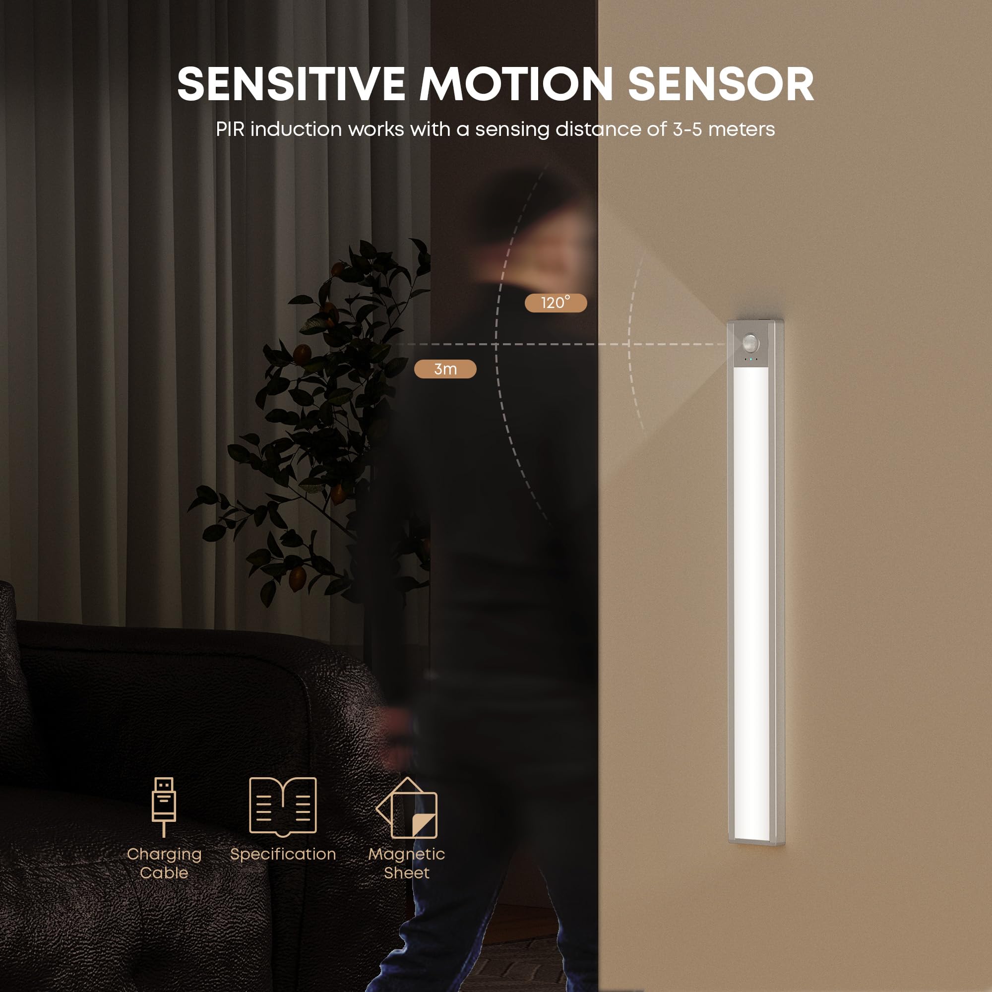 LROLTEF Under Cabinet Kitchen Lights Motion Sensor Dimmable 40cm 2200mAh 6500K 66 LED Under Counter USB-C Rechargeable Wardrobe Sensor Indoor Night Light for Kitchen Shelf Stairs Closet 1 Pack - Image 4
