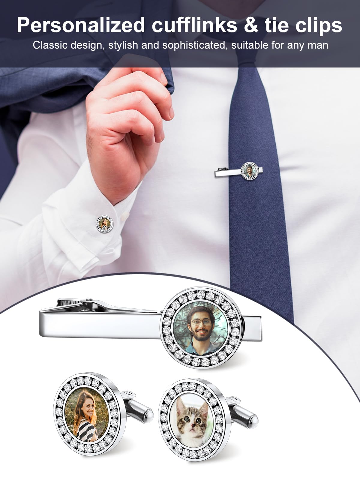 Custom4U Krawattennadel für Herren Personalisierte Krawattenklammer mit Name/Text/Foto Gravur Männer Edelstahl Manschettenknöpfe Krawattenklammern Set in Silber/Gold/Schwarz für Vatertag Alltag
