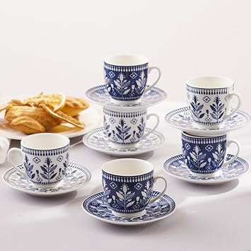 KARACA Peyker 12-Piece Coffee Cup and Saucer Set for 6 People, 85ml – Elegant Blue New Bone China Espresso Cups – Small Coffee Service for Turkish Coffee, Macchiato & Mocha – Lightweight & Durable