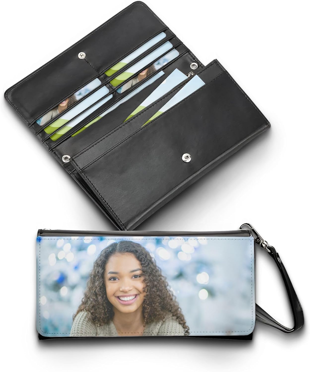 Personalized Custom Photo Women's Leather Wallet, Slim Bifold Clutch with Wrist Strap, Multiple Card Slots