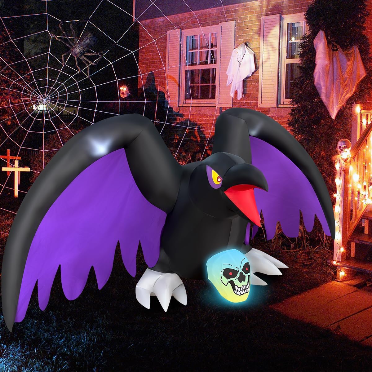 BLOWOUT FUN Halloween Decorations 6 Ft Length Halloween Inflatable Crow with RGB Lighted Skeleton, LED Blow Up Lighted Clearance Decorations Indoor Outdoor Holiday Art Decor Halloween Inflatables