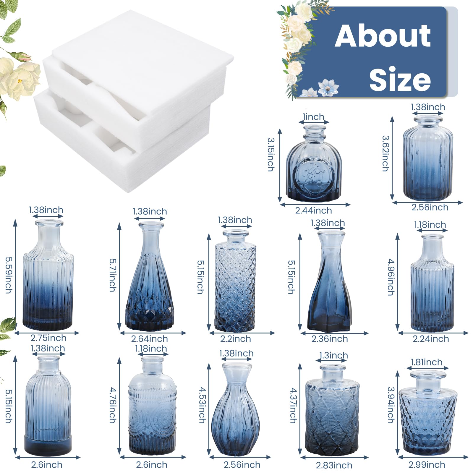 TBWIND 12-teiliges Glasvasen-Set, kleine Vasen für Blumen, blaue Knospenvase für Tafelaufsätze in Großpackung, Mini-Vintage-Vase für rustikale Hochzeitsdekorationen, Büro und Zuhause, Tischdekoration,