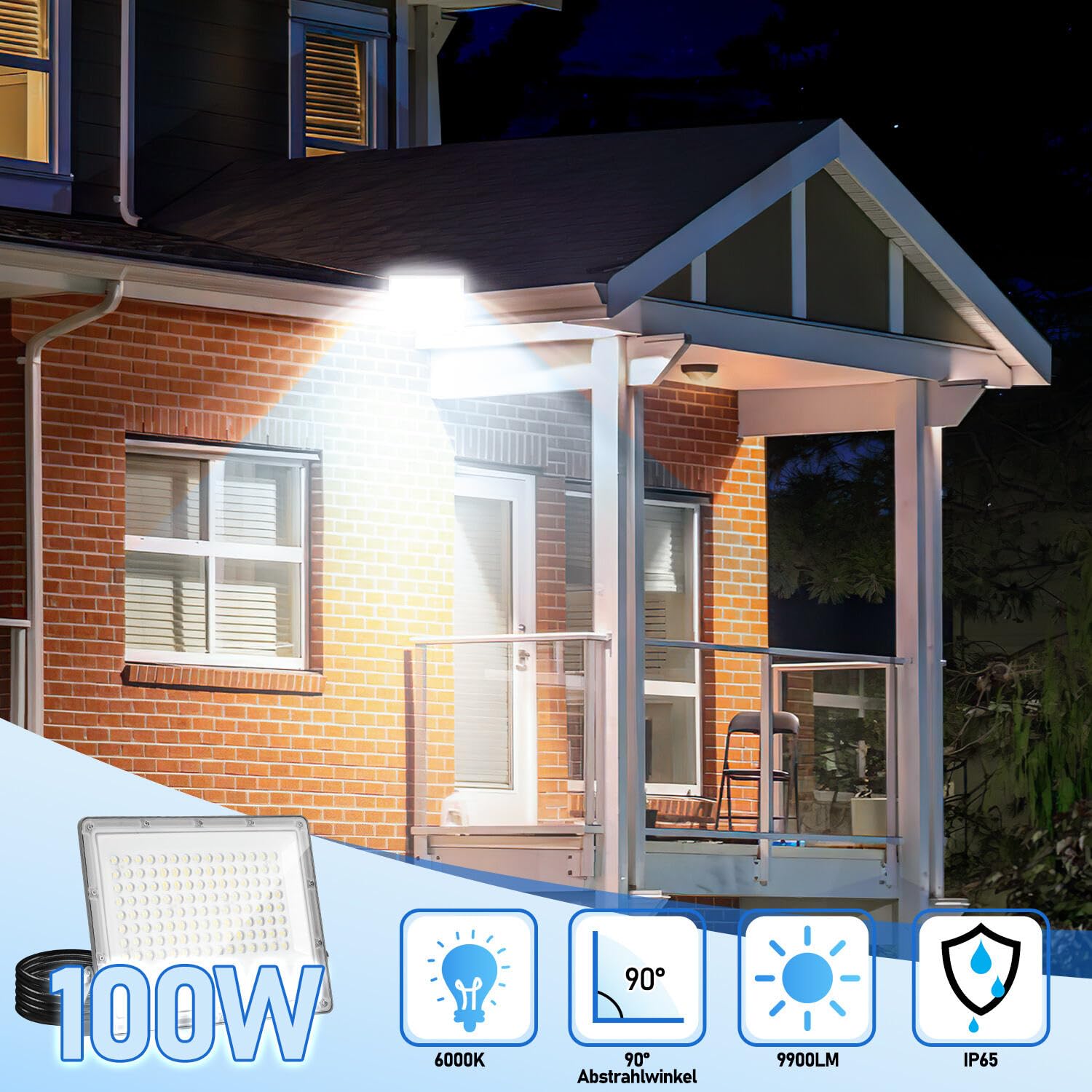 LED Strahler Außen 100W,4 Stück LED Fluter 6000K Kaltweiß 9900LM Led Scheinwerfer, IP65 Wasserfest Aussenstrahler für Hell Garten Hof Türen Rasen Garage [Energieklasse E]