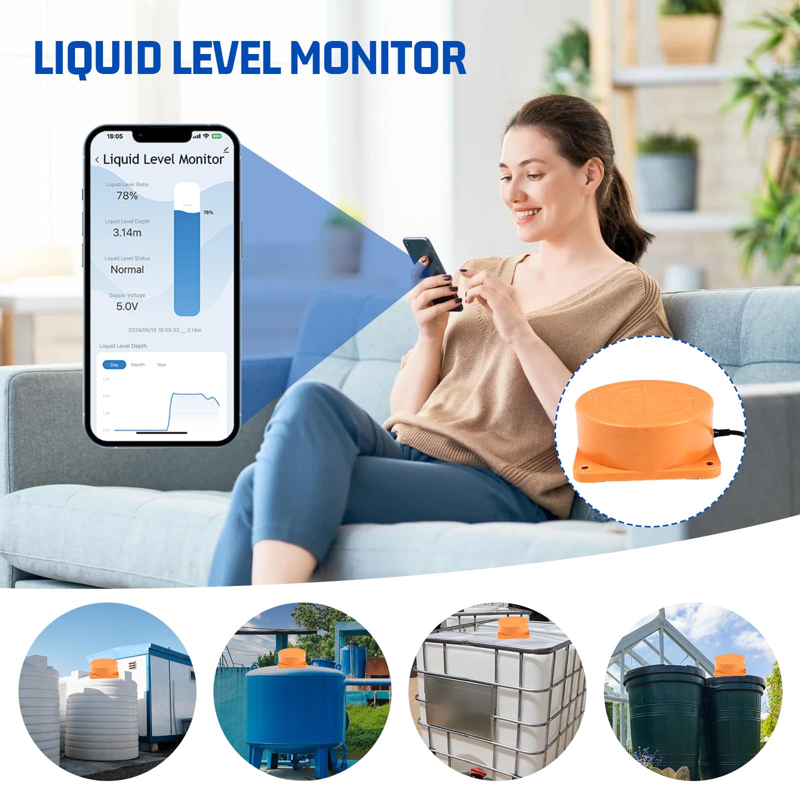 WLAN Wassermelder Ultraschall Wasserstand-Sensor Flüssigkeitsstandsmonitor Smart Wassersensor, WiFi Wasser Öl Tank Füllstandssensor für Tuya Smart Life ,IP65 Wasserdicht, Echtzeit-Alarm