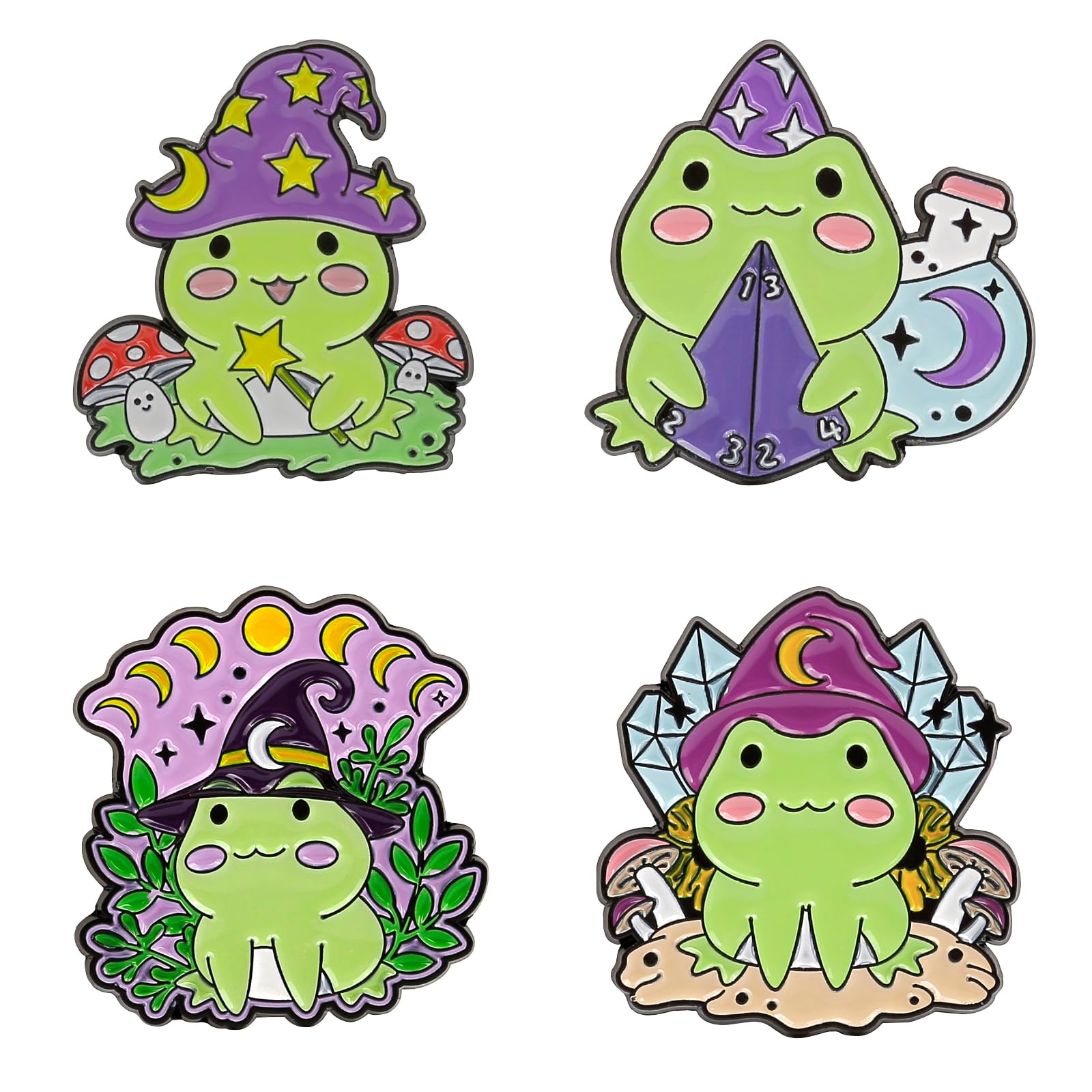 FLYEMMET Cute Enamel Pins for Backpacks, Kawaii Anime Fish Fox Rabbit Bee Cartoon Pins for Kids, Lapel Pin Set Badges for DIY Clothing Bags Jackets Jewelry Accessory Decoration Gift - 4 Pieces Enchanter Frog