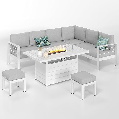 Miniatura 2 de Solaste Juego de muebles de patio de aluminio con mesa para fogata, muebles seccionales de metal para exteriores con otomana, moderno juego de