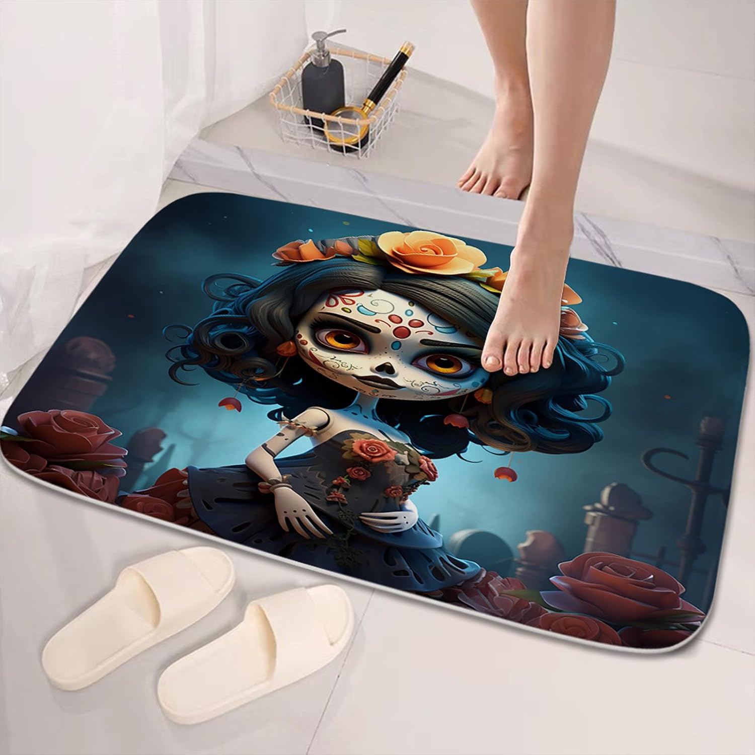 TheBlackSpot Halloween Skull Girl 20 x 31 Pretty Rose Flower 16 x 24 Sets 3 Piece Imitation Cashmere Anti Slip Absorbent Mats U-Shaped Contour Shower Mat