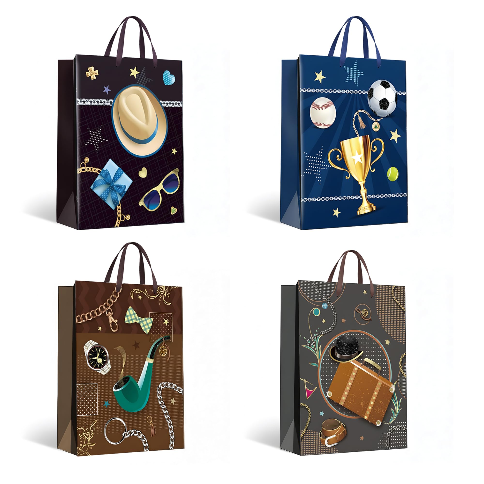 12Pcs Medium Gift Bag for Present 4 Different Assorted Flat Dusting Gift Bag 26x32x10 CM with Handles Sports Travel Theme Bags for Kids Adults Ideal for Presents Parties Birthdays Baby Showers