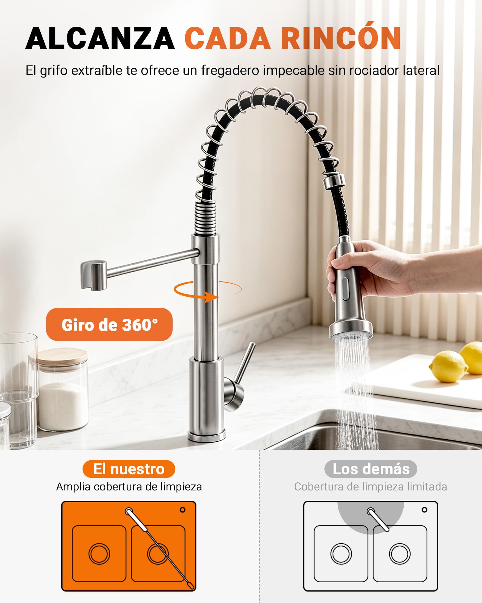 Ibergrif Grifo Cocina Extraíble Acero Inoxidable 304 Cepillado Monomando | Grifo Cocina Fregadero con Caño Extraíble, Giro 360°, 2 Modos de Agua, Manguera 40 cm, Instalación Rápida, Acabado Cepillado