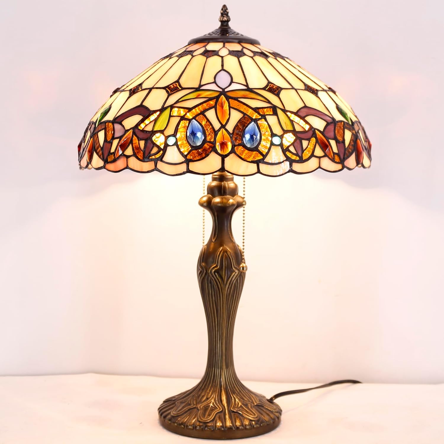 WERFACTORY Tiffany Style Table Lamp Colorful Stained Glass Serenity Victorian Bedside Lamp16X16X24 Inches Desk Light Metal Base Decor Bedroom Living Room Home Office S021 Series
