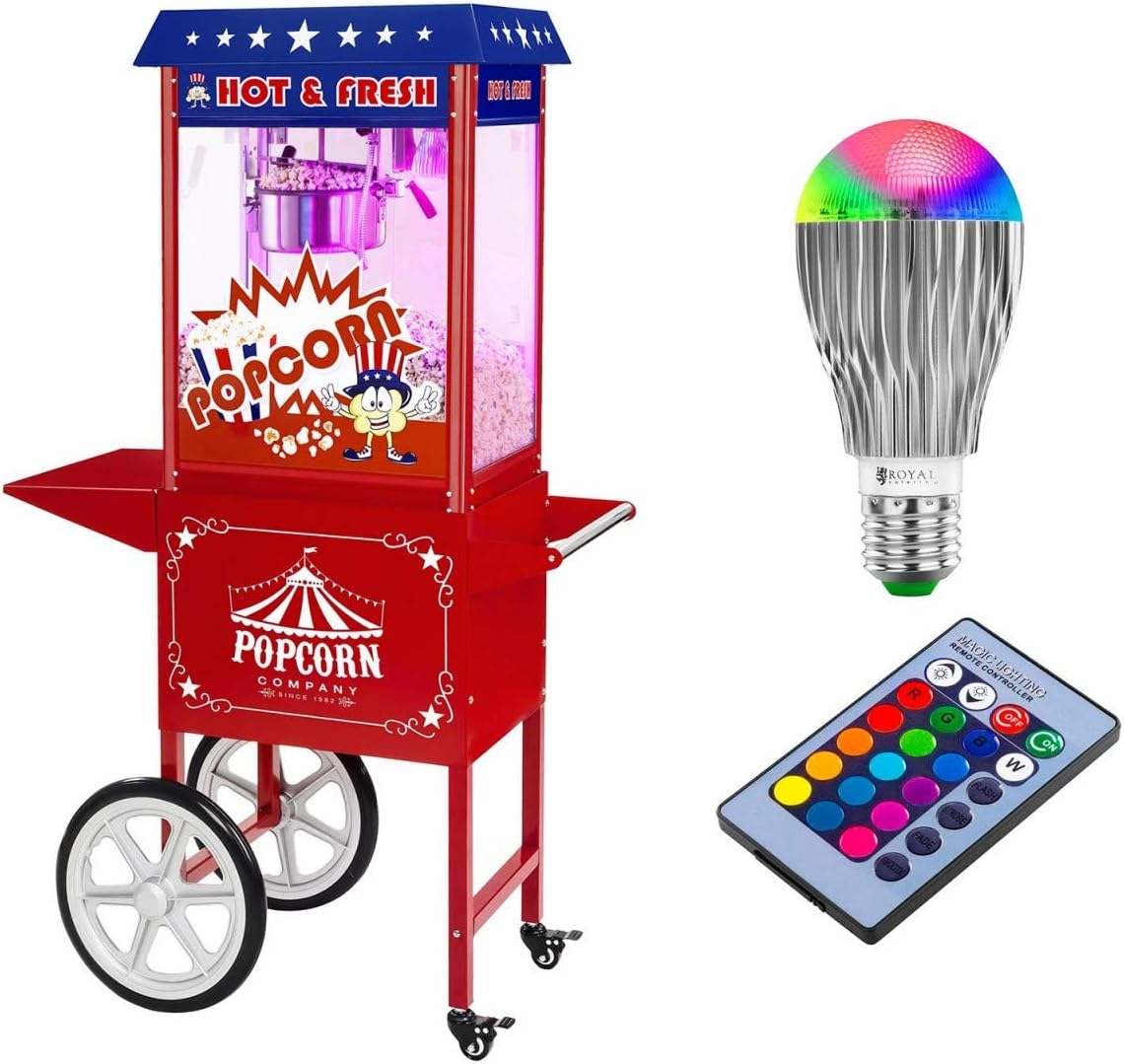 Royal Catering Popcorn Machine USA Design Popcorn Maker with Cart LED Lights Red Popcorn Machine LED Set (230 V, 1600 W, Stainless Steel, Tempered Glass, 220-270°C)