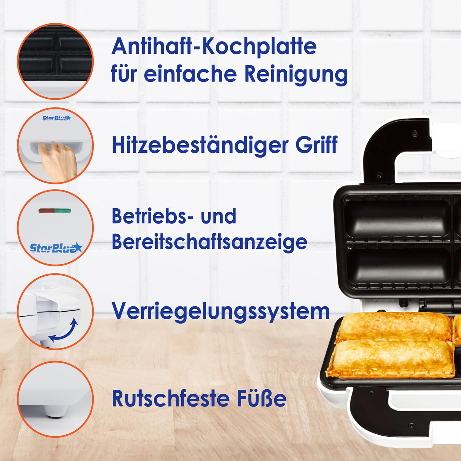 Wurstrollenformer von StarBlue mit GRATIS Rezept-eBook – Machen Sie 4 schnelle und leckere Frühstückswurstbrötchen und Snacks in Minuten, 220-240 V, 50/60 Hz, 850 W UK Stecker mit EU Adapter