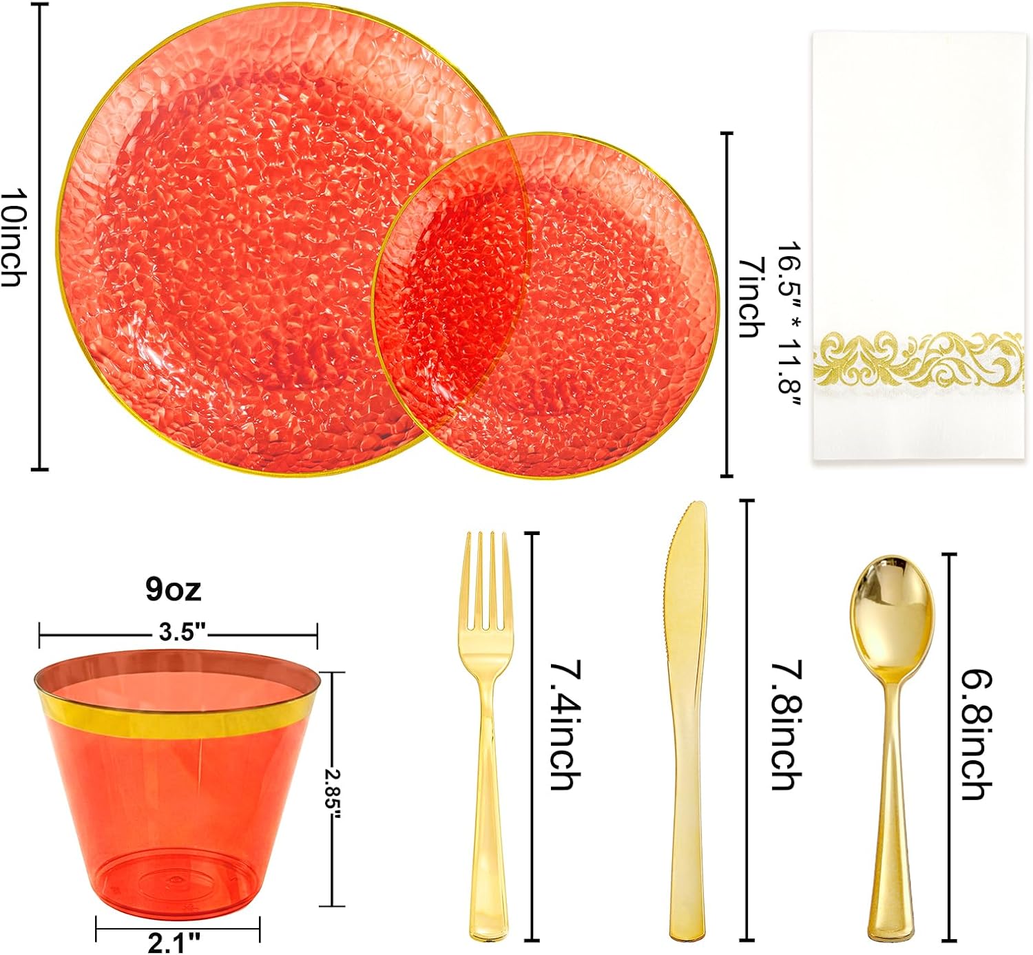 Rubtlamp 175 Pcs Plastic Dinnerware Set (25 Guests), Red And Gold Plastic Plates, Hammered Party Plates Set Include Dinner Plates, Dessert Plates, Cups, Cutlery Set And Napkins for Wedding And Party image 2