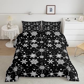 Christmas Comforter Set Snowflakes Bedding Set For Kids Girls Boys Black And White Quilt Set Queen Size Magic Glitter Star Bedding Sets & Collections Lightweight Room Decor With 2 Pillow Cases, Black