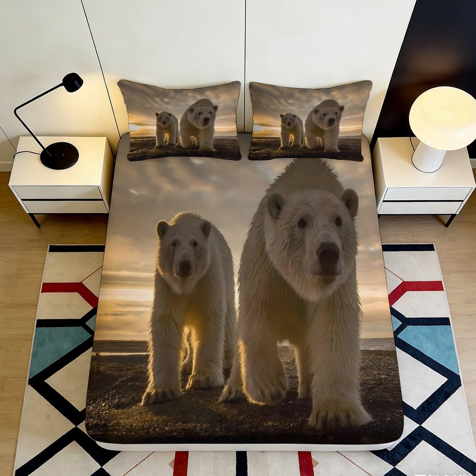 3D Printed Polar Bear Fitted Sheet Microfiber Soft Breathable Sunset Animal Bed Cover for Bedroom Guest Room Mattress Protection Decor 90x200x25cm