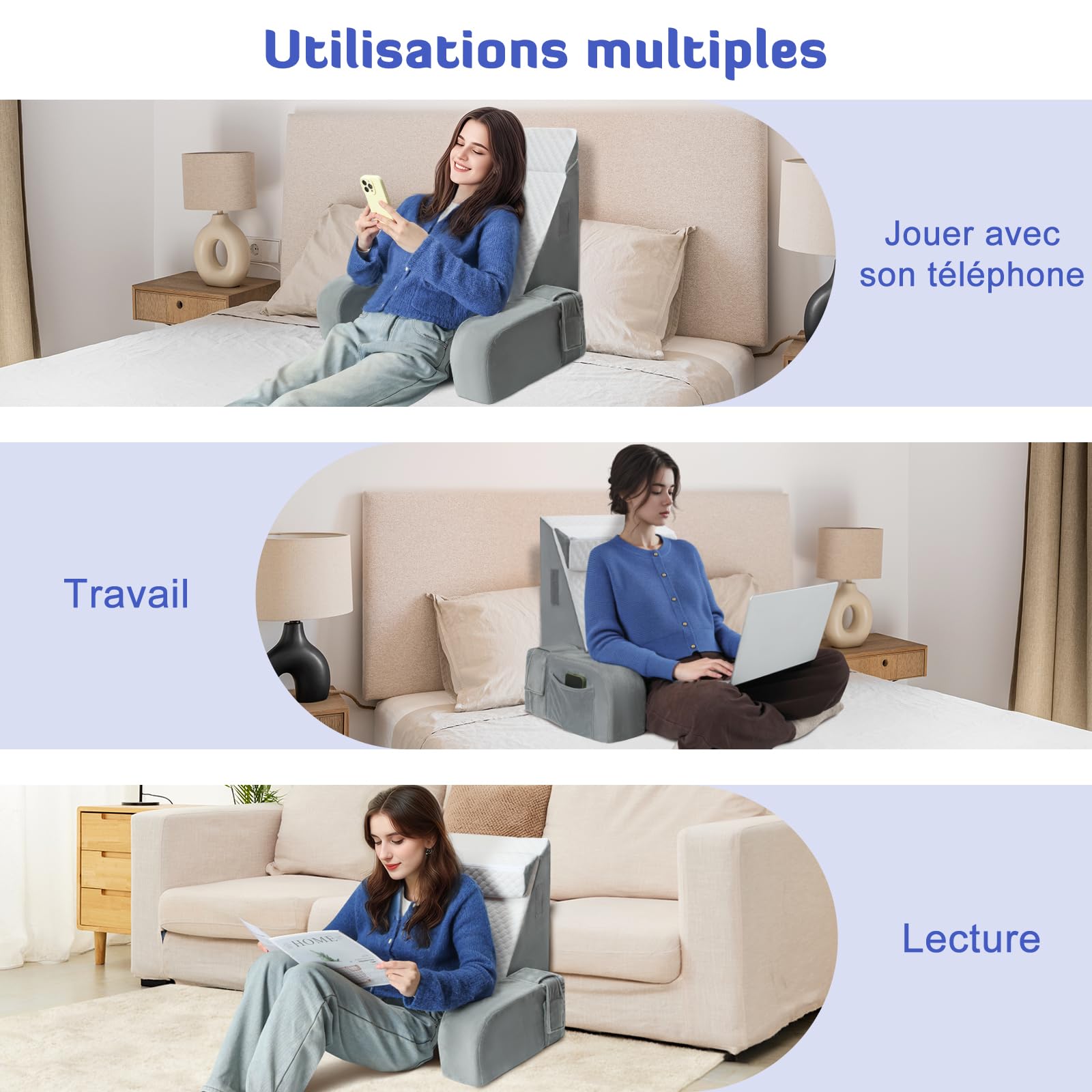 INFANZIA Coussin de Lecture Ergonomique - Coussin Support Dorsale avec Oreiller Cervical et Accoudoirs Amovibles, Oreiller de Dos pour Adulte pour se Détendre, Regarder la télé, Housse Lavable