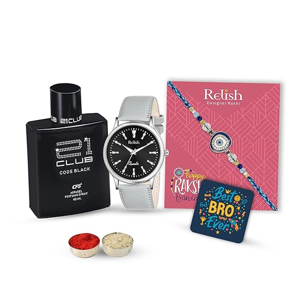 Relish Rakhi Gift Set | Watch, Perfume, Rakhi, Fridge Magnet with Wishing Card | Rakhi For Brother | Raksha Bandhan Gift Hamper