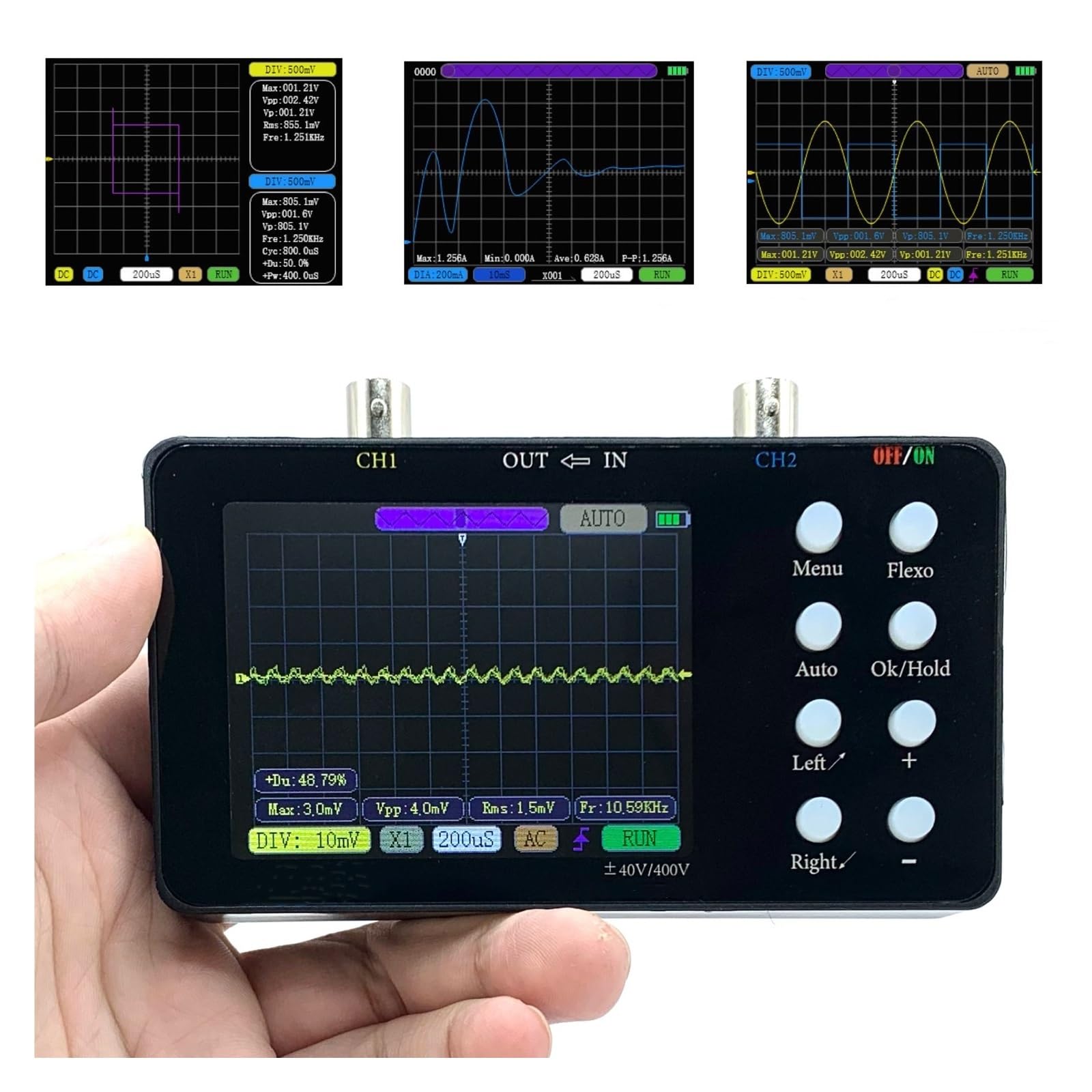 Osciloscopio digital, Osciloscopio Digital de 2 canales, tasa muestreo 50M, ancho banda analógico 10Mhz, patrones Lissajous, medición forma onda corriente 6A(SET 3)