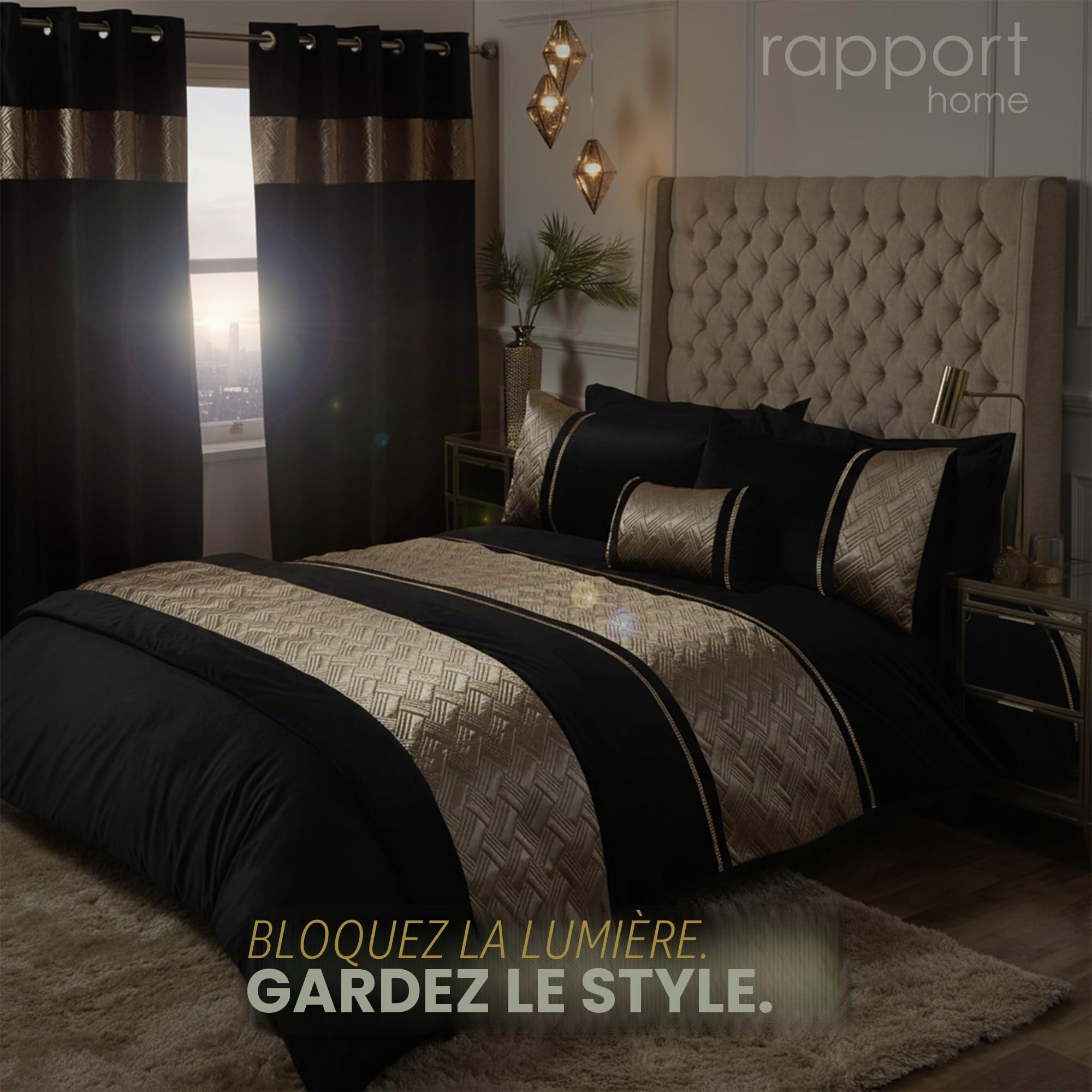 Rapport Capri Paire de Rideaux à œillets en Velours Noir/doré 168 x 183 cm