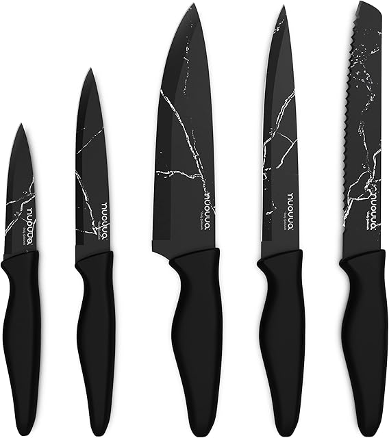 nuovva 5pcs Kitchen Knife Set  Ultra Sharp Kitchen Knives  Premium Stainless Steel Blades  Chef, Bread, Santoku, Paring and Utility Knives