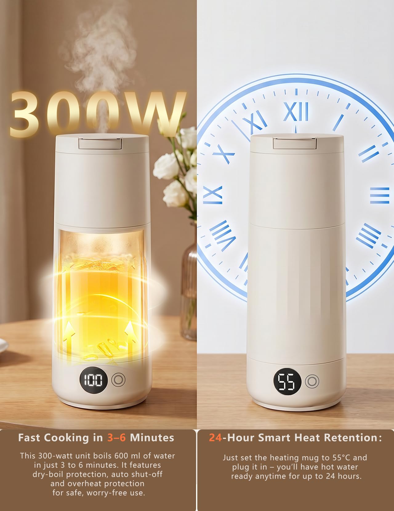 Hervidor eléctrico de viaje de 600 ml, pequeño, hervidor de agua de viaje rápido 316 de acero inoxidable, con ajuste de temperatura, apagado automático, temperatura constante, apertura para beber