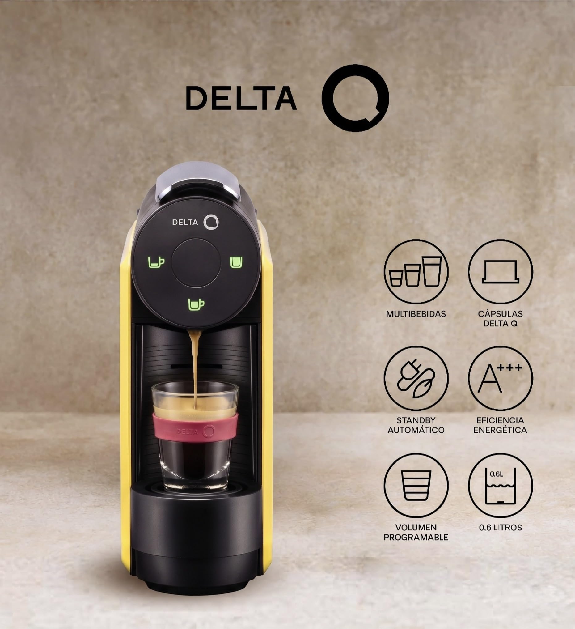Delta Q Mini Qool Amarilla - Máquina para Cápsulas Delta Q | Compatible con cápsulas Delta Q, diseño ultracompacto, depósito 0,6L, almacenamiento para 7 cápsulas usadas