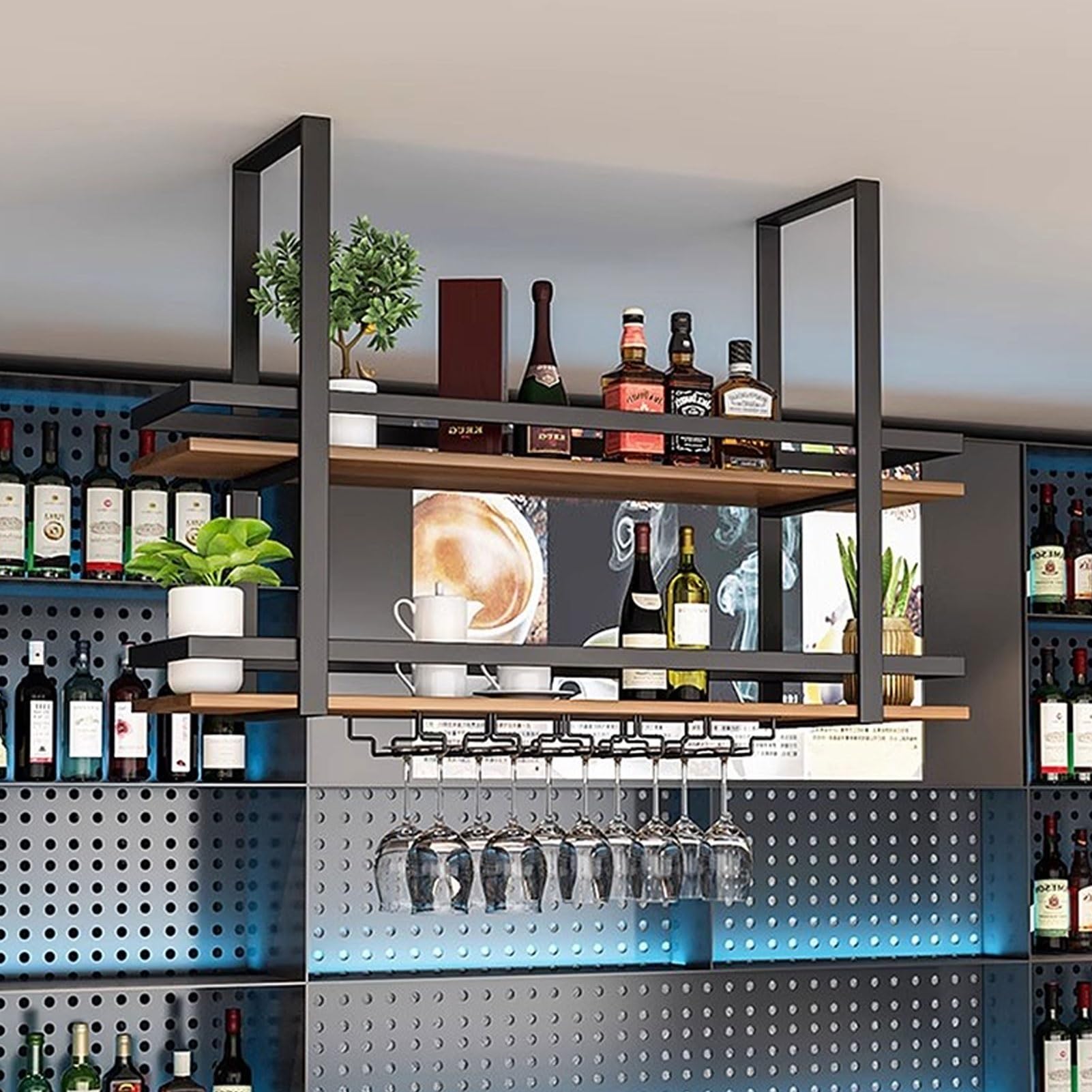 Sufitowy stojak na wino, 2-poziomowe wiszące półki na wino z wieszakiem na kieliszki, metalowa rama, wiszący uchwyt do ekspozycji napojów do kuchni, baru i jadalni(120x30x80cm)