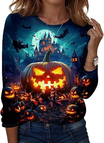 Halloween Shirts for Women Long Sleeve Plus Size Fashion Crewneck Comfortable Tshirts Halloween Costumes for Women