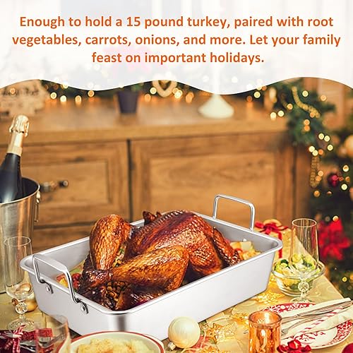 Miniatura 4 de Leonyo Sartén para asar pavo de 14 pulgadas y estante de enfriamiento, sartenes de acero inoxidable antiadherentes con rejilla de alambre para