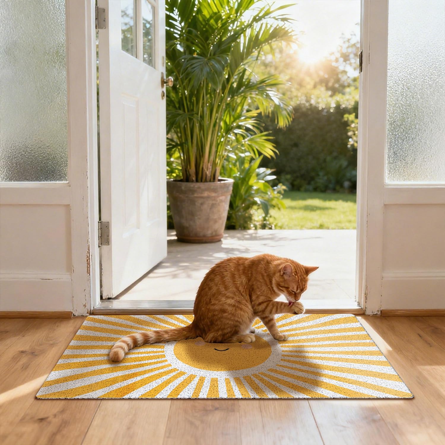 Smiling Sun Boho Door Mat, Retro Yellow Sunshine Doormat Non-Slip for Porch Indoor Outside Entrance Entryway, Boho Welcome Mat Front Door, 17x30 Inch